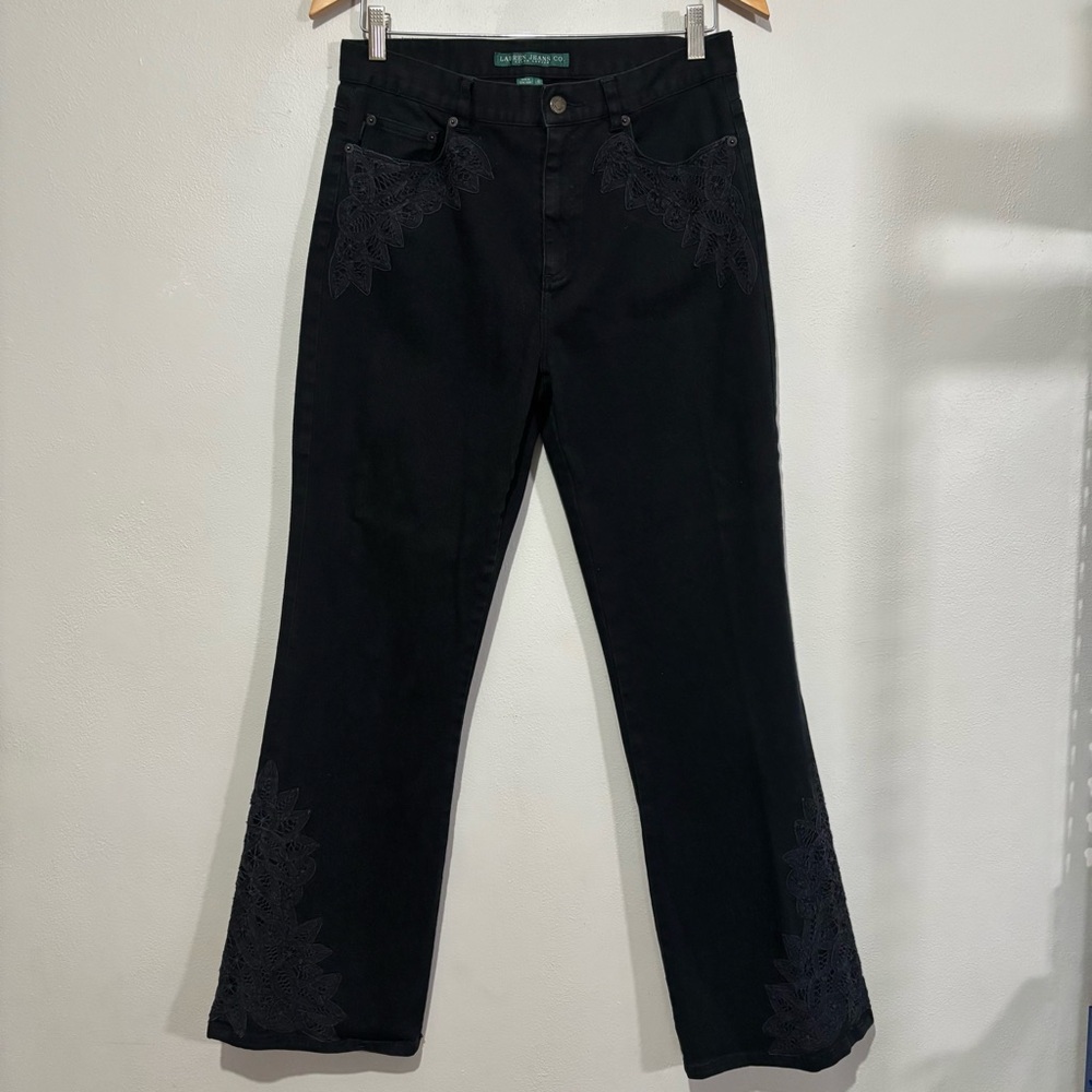 Ralph Lauren Bootcut Jeans Size 10 Black Lace Embroidered Crochet Detail - Picture 2 of 9